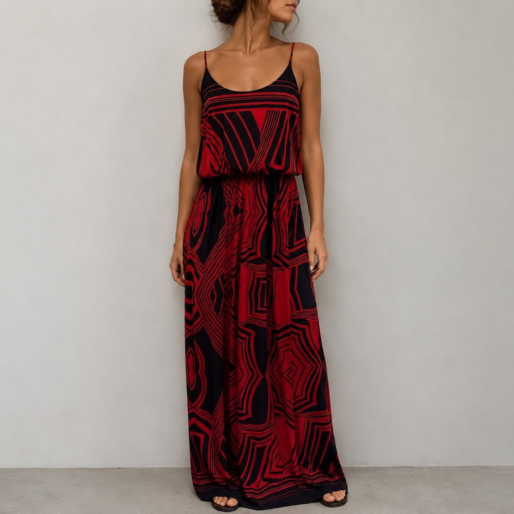 🌻3/$10 PinkBlush Red Geometric Maternity Maxi Dress Elastic Waist Small Boho